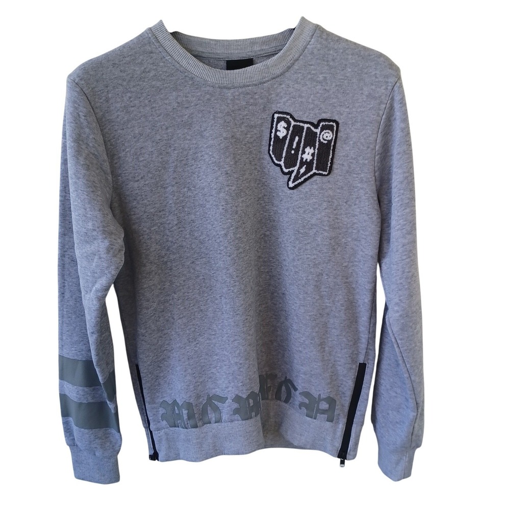 WT02 Grey Crewneck Sweatshirt Side Zippers Reflective Gothic‎ Graphic Mens M